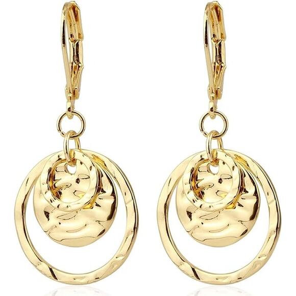 Gold Disc Circle Dangle Drop  Leverback Earrings for Women - Picture 1 of 5